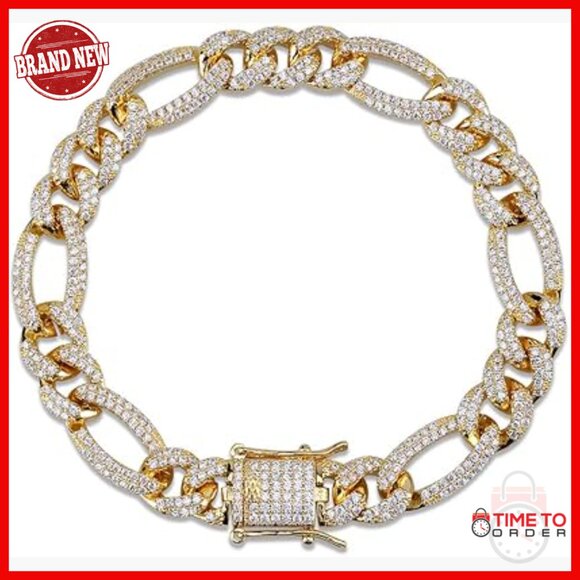 Men's 14K Gold Over Sterling Silver Moissanite Bracelet 8 Inch Figaro Chain